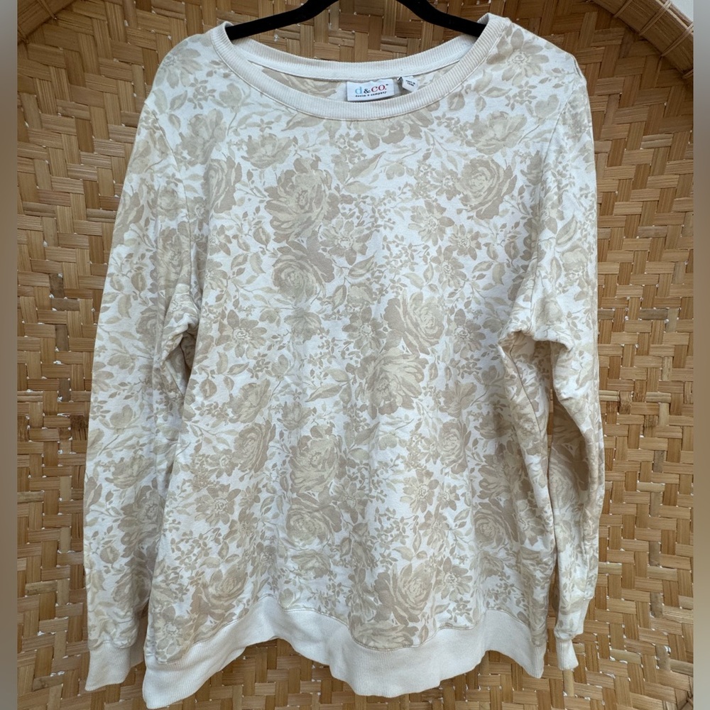 Denim & Co - QVC Plus Size Floral Beige and Cream Crewneck Sweatshirt